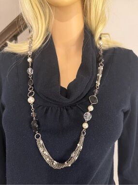 Laila Rowe Elegant Silver-Tone Layered Necklace with Black and Pearl Accents